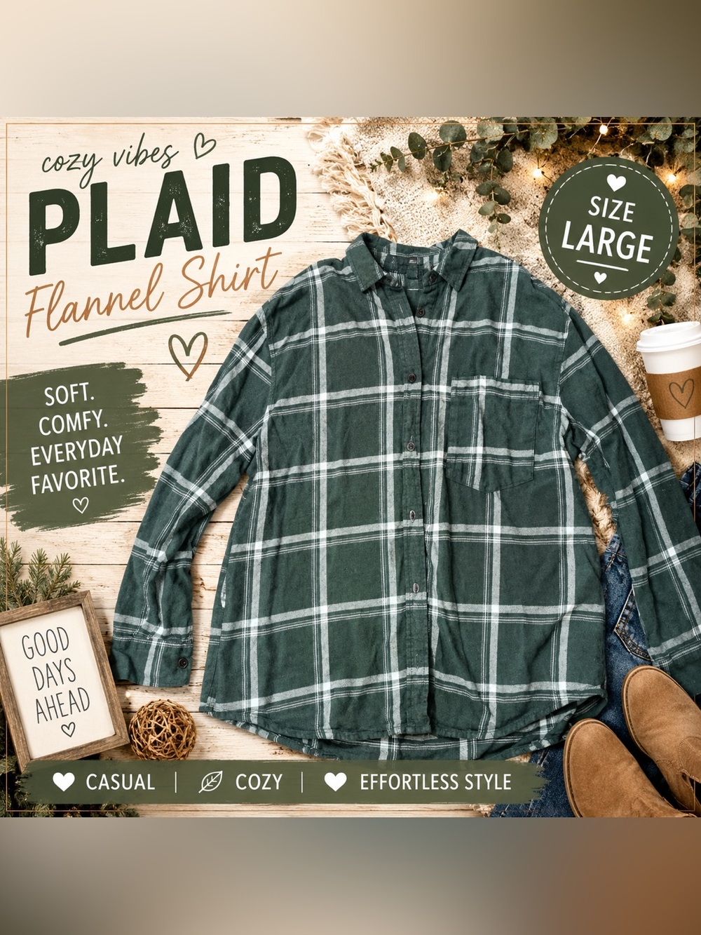 Green White Plaid Button-Up Flannel Shirt
